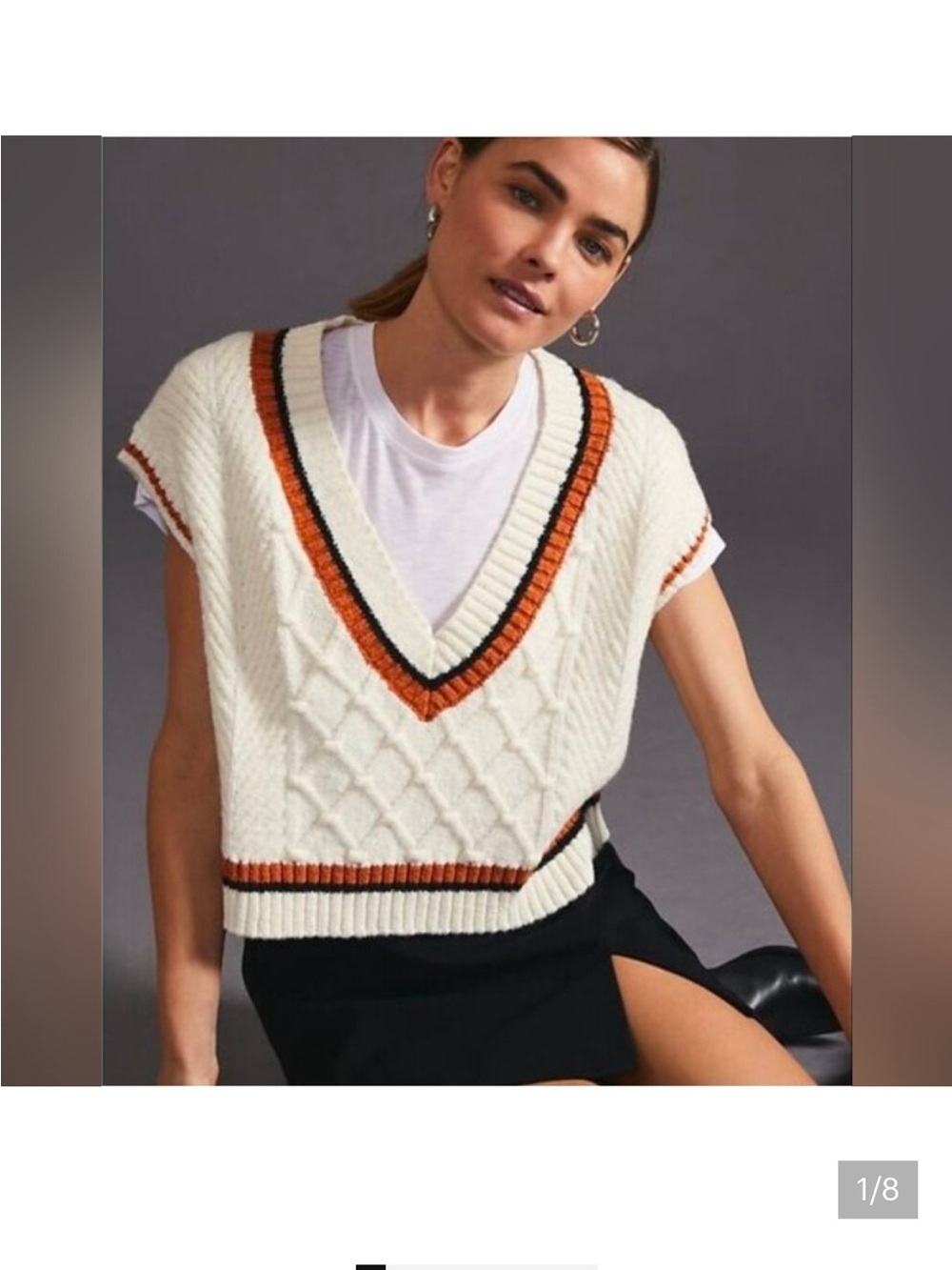 Maeve Cream Cable Knit V-Neck Sweater Vest with Orange Trim